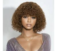 Human Hair Wigs for Women Short Curly Bob Wig with Bangs Short Water Wave Glueless Wig 180% Density (30, 10 inches)