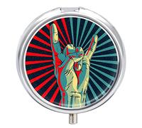 Human Hand Rock and Roll Sign on Red Black Sunshine Lights Iron Pill Box Case Organizer with Internal Separate Plastic Dividers, Travel Small Medicine Bag Holder Carrier Round Container