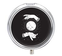 Human Hands with Moon Iron Pill Box Case Organizer with Internal Separate Plastic Dividers, Travel Small Medicine Bag Holder Carrier Round Container