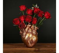 Human Heart Organ Shape Vase Creepy Halloween Home Desk Flowers Pot Decor, Medium Size 6.2" x 4.2", Golden