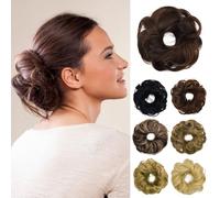 Human Messy Bun Scrunchie Tousled Updo Pieces Light Brown Chignon Hairpiece Wavy Curly Short Ponytail Extension Real Bun