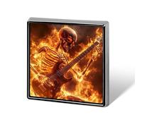 Human Skeleton Playing Guitar in Fire Button Pins Square Badge Personalized Button Brooch Lapel Pins for Women Men Gifts