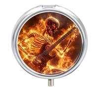 Human Skeleton Playing Guitar in Fire Pill Organizer Round Pill Box Travel Pill Case Medicine Organizer for Pocket Purse