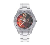 Human Skeleton Playing Guitar in Fire Watch Simple Wrist Watch Stainless Steel Band Analog Quartz Watches for Women Men