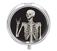 Human Skeleton Posing Isolated Over Black Iron Pill Box Case Organizer with Internal Separate Plastic Dividers, Travel Small Medicine Bag Holder Carrier Round Container