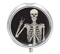 Human Skeleton Posing On Black Iron Pill Box Case Organizer with Internal Separate Plastic Dividers, Travel Small Medicine Bag Holder Carrier Round Container