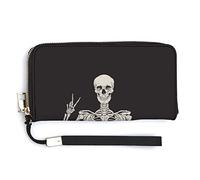 Human Skeleton Posing On Black Long Clutch Wallet, Long Handbag with Removable Wristlet Strap, PU Leather Zip Purse, Credit Pass Case Card-Holder for Men Women