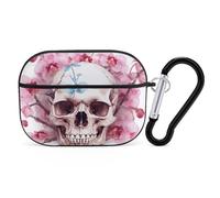Human Skull Pink Flowers Airpod Pro Case AirPods 2 Case for Women Hard Shell Protective Cover with Carabiner Keychain Compatible with AirPods Case 2nd 1st Generation, Front LED Visible Black