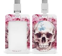 Human Skull Pink Flowers Badge Holder Hard Plastic Card Case Protector Pouch Name Key Card Holder Case for Office ID Credit Cards and Proximity Key Cards
