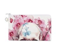Human Skull Pink Flowers Canvas Coin Purse, Portable Zippered Change Pouch for Women, Small Wallet for Coins Keys Cards Lipstick