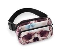 Human Skull Pink Flowers Fanny Pack for Women Men Waist Bag Belt Bag Adjustable Casual Bag for Travel Sports Hiking, white, 7.9x5.1inches