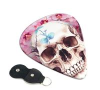 Human Skull Pink Flowers Guitar Picks 6 Pcs, 0.96mm Thickness Celluloid Plectrum with Leather Picks Holder, Personalized Guitar Pick for Bass Electric Acoustic Guitars Lovers Gift