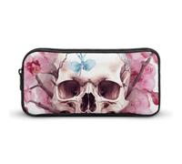 Human Skull Pink Flowers Pencil Case - Large Aesthetic Makeup Bag Multi-Purpose Pencil Pouch Cute Cosmetic Bag with Zipper Closure for Office, Home, Study & Travel