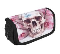 Human Skull Pink Flowers Pencil Case Organizer - Large Capacity 3 Compartment Pencil Pouch for Adults, Portable Makeup Bag & Aesthetic Stationery Bag with Zipper (8.7x4.3") Unisex Gift