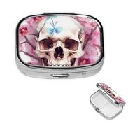 Human Skull Pink Flowers Pill Box 2 Compartment Square Portable Pill Case for Pocket or Purse Small Weekly Medicine Planner Travel Pillbox with Mirror Decorative Metal Vitamin Holder Gifts