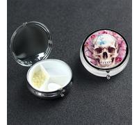 Human Skull Pink Flowers Pill Box 3 Compartment Round Portable Pill Case for Pocket or Purse Small Weekly Medicine Planner Travel Pillbox with Mirror Decorative Metal Vitamin Holder Gifts