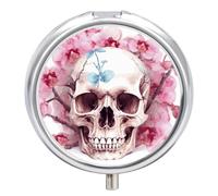 Human Skull Pink Flowers Pill Box Round Portable Small Pill Case Waterproof Travel Pill Box Organizer for Pocket Purse and Daily Convenience