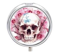 Human Skull Pink Flowers Pill Case Pill Box with 3 Compartments