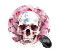 Human Skull Pink Flowers Round Mouse Pad 7.8 Inch - Non-Slip Rubber Base Mouse Mat Portable Ergonomic Desk Mat for Office, Laptop, Travel, Wireless Mice Mats - Waterproof & Durable Design