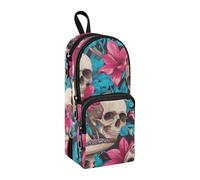 Human Skulls Hot Pink Lily Flowers Nylon 3 Compartments Pencil Bag For Kids study&multifunctional Zip Pencil Case Stationery for Preppy College 1600ml
