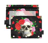 Human Skulls Pink Roses Leaves 3 Ring Binder Pencil Pouch Zipper Binder Pencil Bag Pen Transparent School Clear Binders Pockets Classroom 9.8" x 7.1", 2 Packs