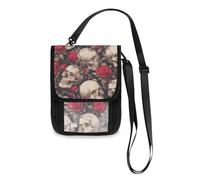 Human Skulls Red Rose Gothic Style Travel Wallet Passport Holder Neck Wallet Slim Lightweight Crossbody Bag with Adjustable Strap