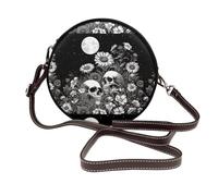 Human Skulls Wildflowers Full Moon Women Round Crossbody Bags Leather Sling Bag Purse