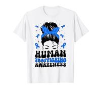 Human Trafficking Awareness Blue Ribbon Messy Bun Save Kids T-Shirt