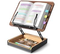 HUMANCOZY Book Stand with Storage, Book Holder for Reading Hands Free, Wooden Cookbook Stand for Kitchen Counter, Adjustable Reading Stand for Desk, Recipe Stand, Book Prop for Book Lovers