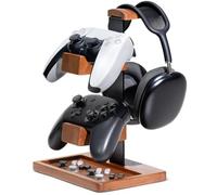 HUMANCOZY Solid Wood Controller Holder and Headphone Stand, Gaming Controller Stand for Desk, Dual Controller Organizer Rack, Fits Xbox, PS4, PS5, Gamepad, Headset Holder for Son, Husband, Boyfriend