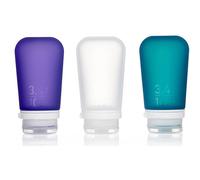 humangear GoToob+ Refillable Silicone Travel Size Bottles with Locking Cap, 3pk Set, Clear/Purple/Teal, Large (3.4oz)