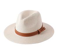 Humanitypd New Natural Panama Soft Shaped Straw Hat Summer Women/Men Wide Brim Beach Sun Cap UV Protection Fedora Hat Beige