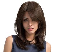 Humanitypd Women Hair Wigs Ladies Daily Natural Wave Dark Brown Side Parting Synthetic None Lace Wigs with Bangs