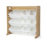 Humble Crew Cambridge Large Wooden Toy Shelf Storage Organiser for Children with 9 BPA Free Plastic Removeable Storage Bins, Ideal for Storing Toys, Games, Books and Craft Supplies- Natural Wood/White