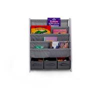 Humble Crew Inspire Wooden Bookshelf for Children, 4 Tier Book Storage Shelf with Deep Fabric Pockets, 3 Collapsable Bin Organisers, Forward Facing Book Display for Easy Identification - Grey/White