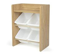 Humble Crew Journey Small Wooden ToyShelf Storage Organiser for Children, with 4 BPA Free Plastic Removeable Storage Bins, Ideal for Storing Toys, Games, Books and Craft Supplies - Natural Wood/White