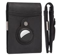 HUMERPAUL AirTag Wallet Case for Men Women, Slim Minimalist Front Pocket Wallet for Air Tag GPS Tracker, Genuine Leather RFID Blocking Bifold Purse with Money Clip (Black)