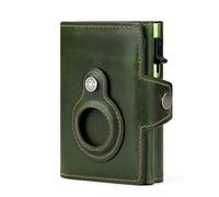 HUMERPAUL Crazy Horse Leather RFID Tracker Wallet - Aluminum Pop Up Credit Card Holder Cowhide Wallet with Holder for AirTag, Coin Pocket, Card Case, Minimalist Slim Design with Zip (Green)