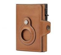 HUMERPAUL Crazy Horse Leather RFID Tracker Wallet - Aluminum Pop Up Credit Card Holder Cowhide Wallet with Holder for AirTag, Coin Pocket, Card Case, Minimalist Slim Design with Zip (Brown)