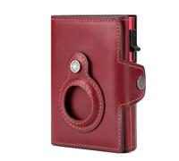 HUMERPAUL Crazy Horse Leather RFID Tracker Wallet - Aluminum Pop Up Credit Card Holder Cowhide Wallet with Holder for AirTag, Coin Pocket, Card Case, Minimalist Slim Design with Zip (Red)