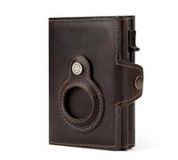 HUMERPAUL Crazy Horse Leather RFID Tracker Wallet - Aluminum Pop Up Credit Card Holder Cowhide Wallet with Holder for AirTag, Coin Pocket, Card Case, Minimalist Slim Design with Zip (Coffee Brown)