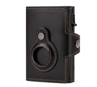 HUMERPAUL Crazy Horse Leather RFID Tracker Wallet - Aluminum Pop Up Credit Card Holder Cowhide Wallet with Holder for AirTag, Coin Pocket, Card Case, Minimalist Slim Design with Zip (Black)