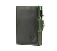 HUMERPAUL Crazy Horse Leather RFID Wallet - Pop up Aluminum Pop up Credit Card Holder Cowhide Wallet, Card Case, Minimalist Slim Design with Zip Coin Pocket for Everyday Use (Green)