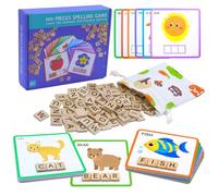 Humerry - Spelling Games with 30 Double-Sided Flash Cards, 100 Wooden Letters, Assorted Game, ABC Alphabet, Educational Toys for 4-8 Years Old Kids