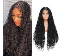 Humistwbiu Bohemian Braided Wig - Boho Box Braid, Knotless Goddess Locs With Curly Ends, Double Full Lace Square Synthetic With Baby Hair for Women, Natural Black, 36 Inch