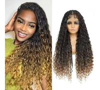 Humistwbiu Boho Box Braid Knotless Goddess Locs Wigs with Curly Ends Double Full Lace Square Synthetic Braided Wigs with Baby Hair for Woman (36 Inch, 1B/27)