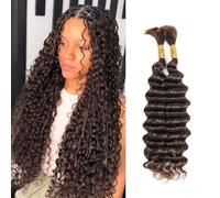 Humistwbiu Human Braiding Hair Deep Wave No Weft 10A Brazilian Virgin Curly Human Hair Extensions for Boho Braids 20 Inch (100g,Dark Brown)