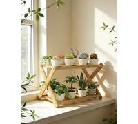 Hummcqit 2 Tier Bamboo Plant Stand for Windowsill Desktop Small Space Indoor Succulent Herb Display Natural Wood Rack for Pots Cacti Flowers 15.7 x 9 x 8.6 Inch