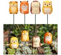 Hummcqit 4PCS Resin Miniature Animal Plant Stakes Set Owl Hedgehog Fox Woodland Creatures Decorative Picks for Fairy Garden Succulent Bonsai Flower Pot Micro Landscape