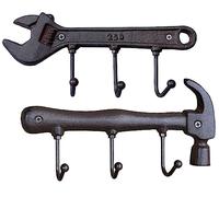 Hummcqit Retro Cast Iron Wrench Spanner Key Rack Holder Wall Mounted with 3 Hooks, Vintage Industrial Coat Hat Organiser for Garage Man Cave Entryway, Heavy Duty Rustic Home Decor